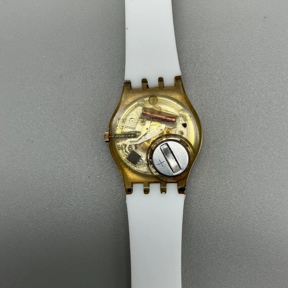 Vintage Swatch Womens Watch 25mm Cream Dial Gold Tone White Band Swiss Quartz